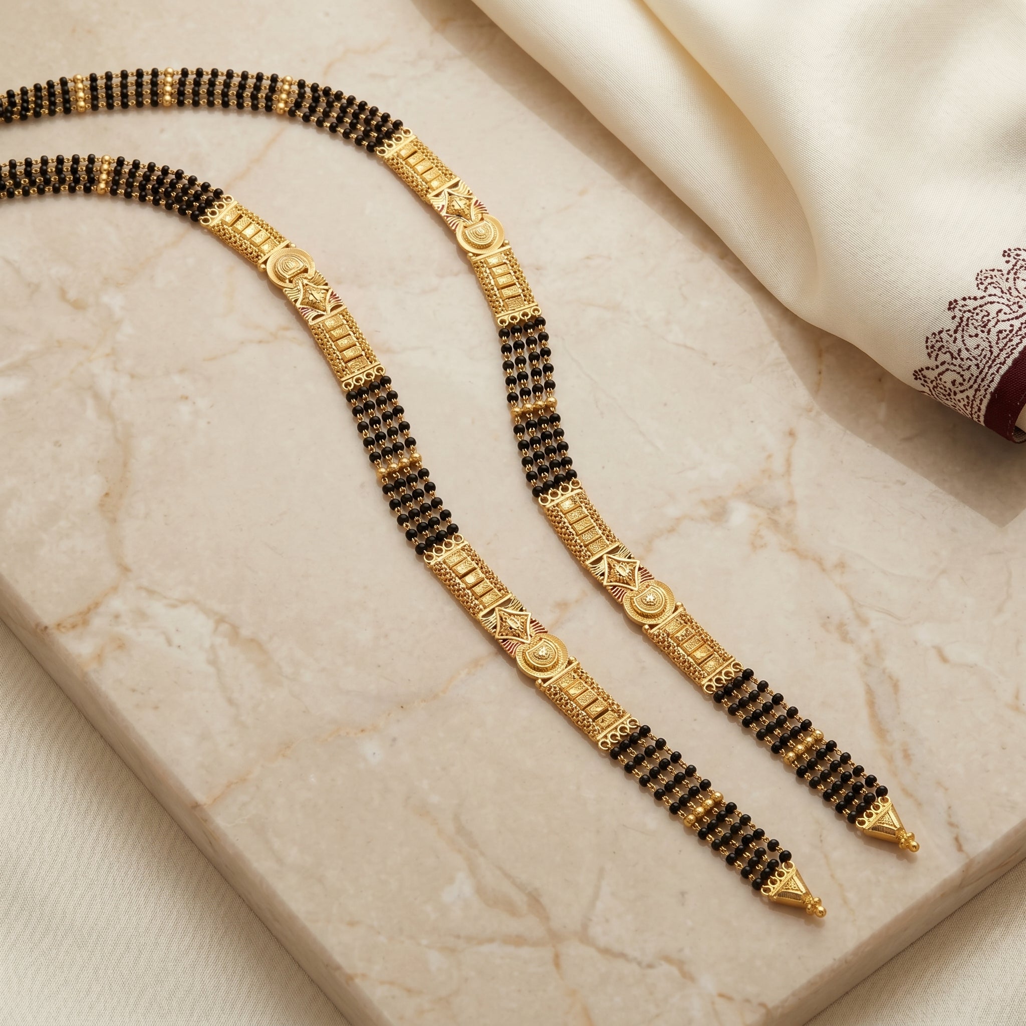 Gold Black Bead Geometric Coin Panel Long Mangalsutra Set