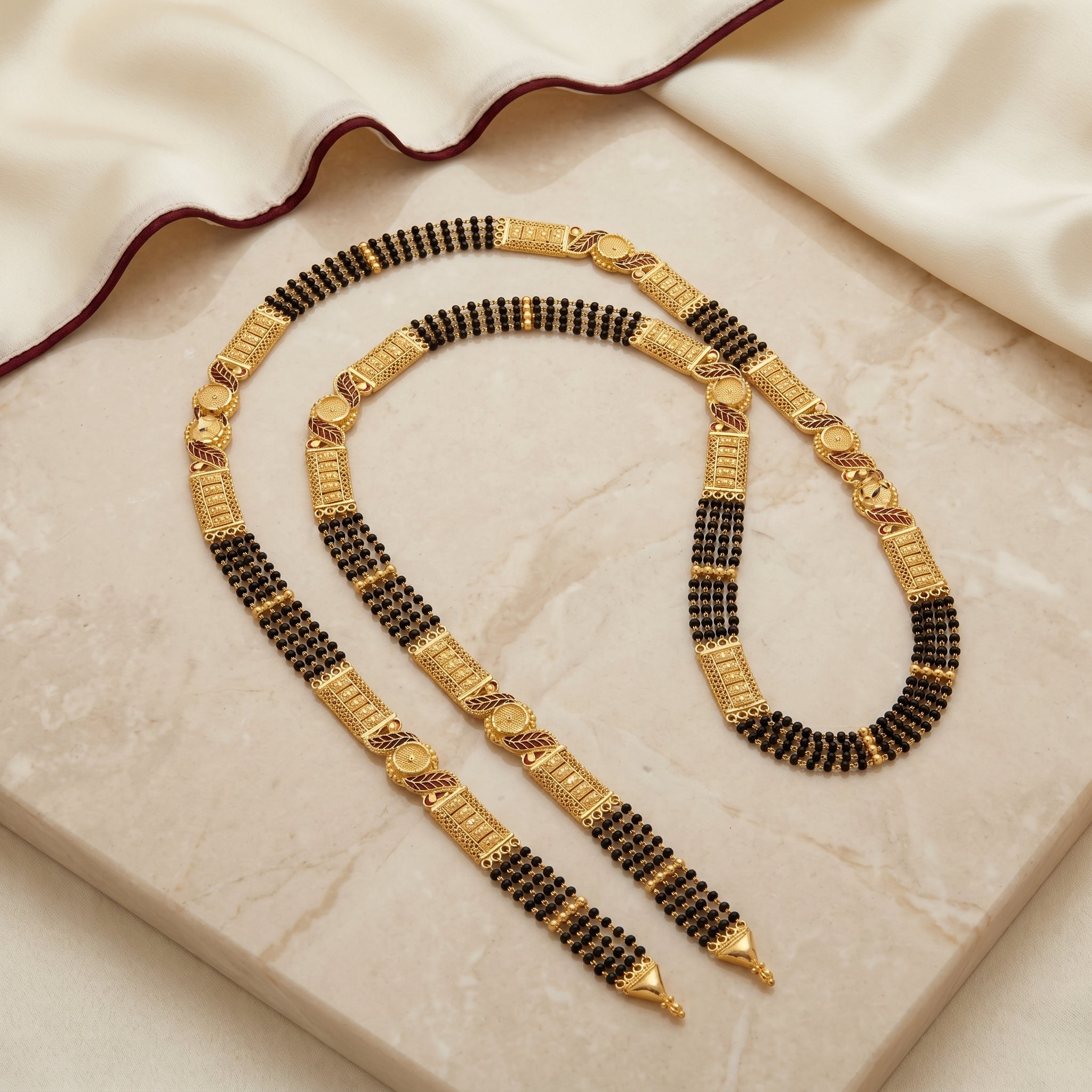 Gold Black Bead Filigree Leaf Panel Long Mangalsutra Set