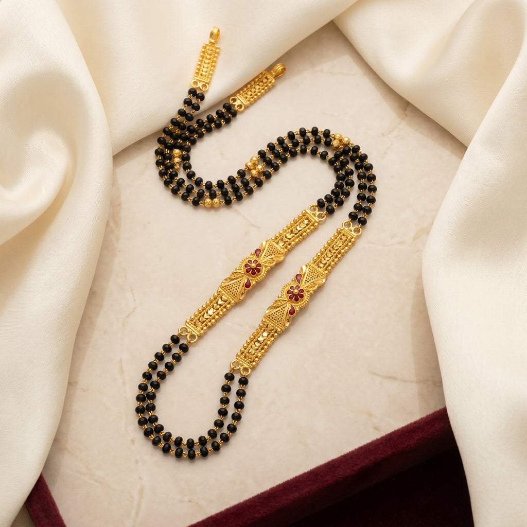 Gold Black Bead Floral Enamel Centre Bar Mangalsutra Set