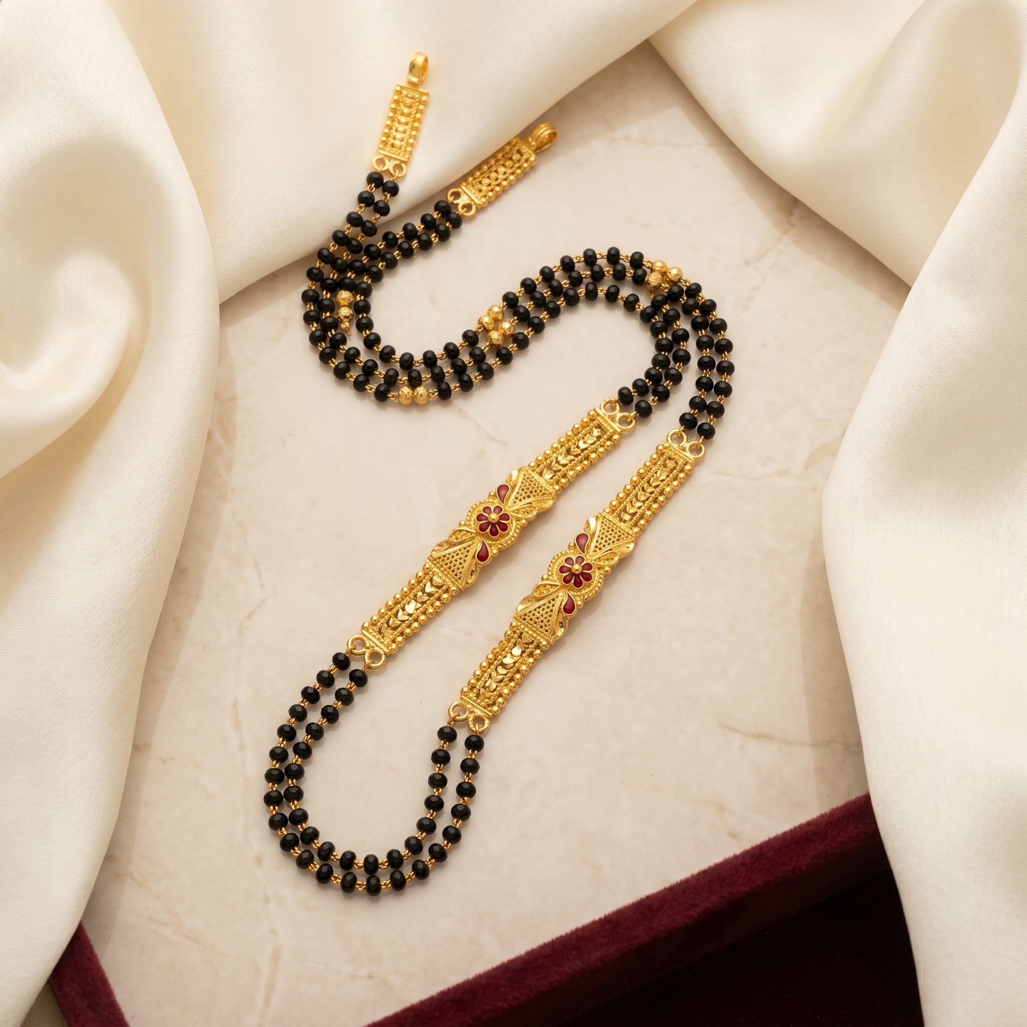 Gold Black Bead Floral Enamel Centre Bar Mangalsutra Set