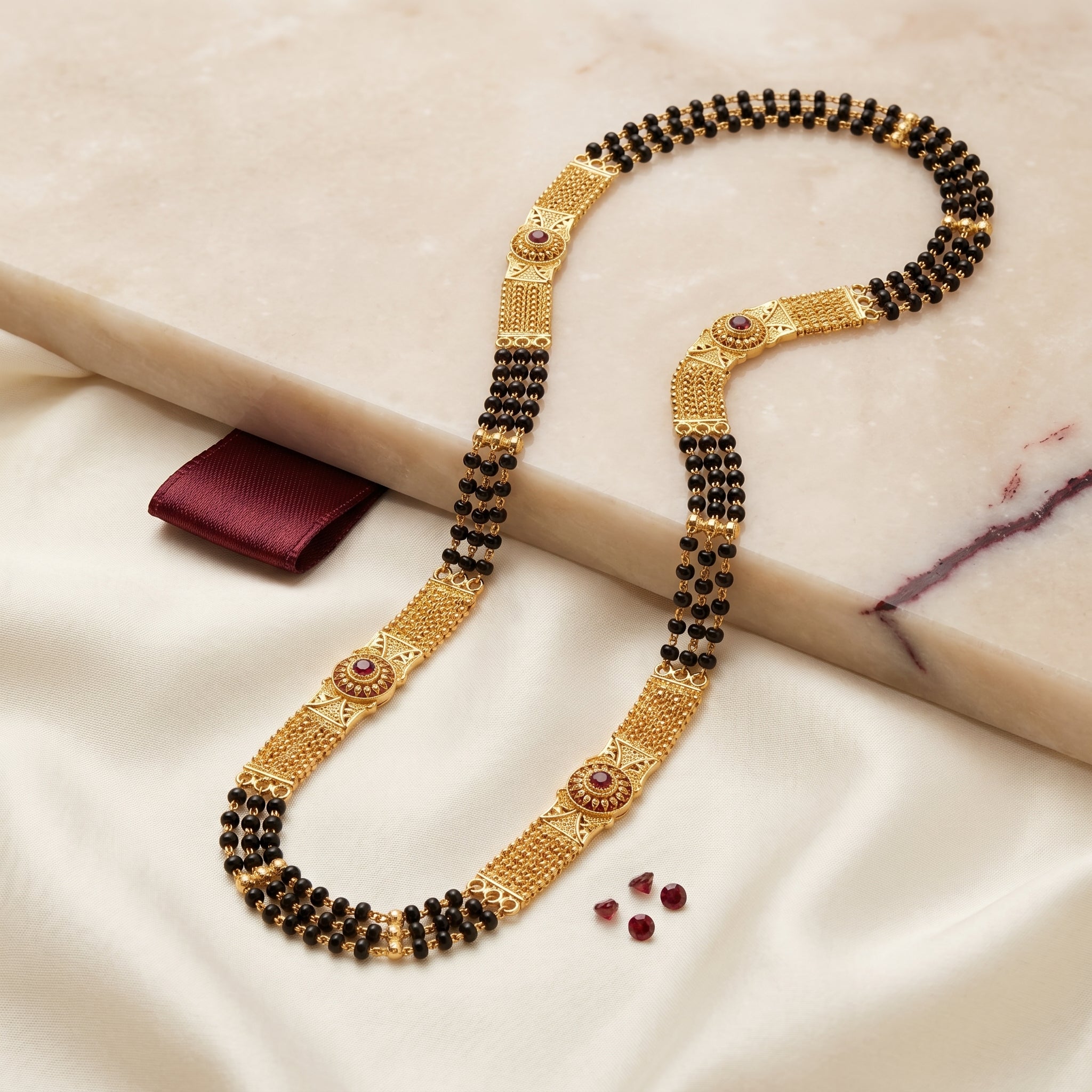 Gold Black Bead Ruby Stone Medallion Long Mangalsutra Set