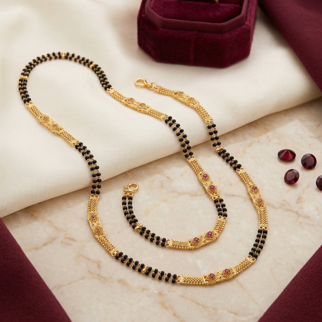 Gold Black Bead Ruby Diamond Panel Mangalsutra & Bracelet Set