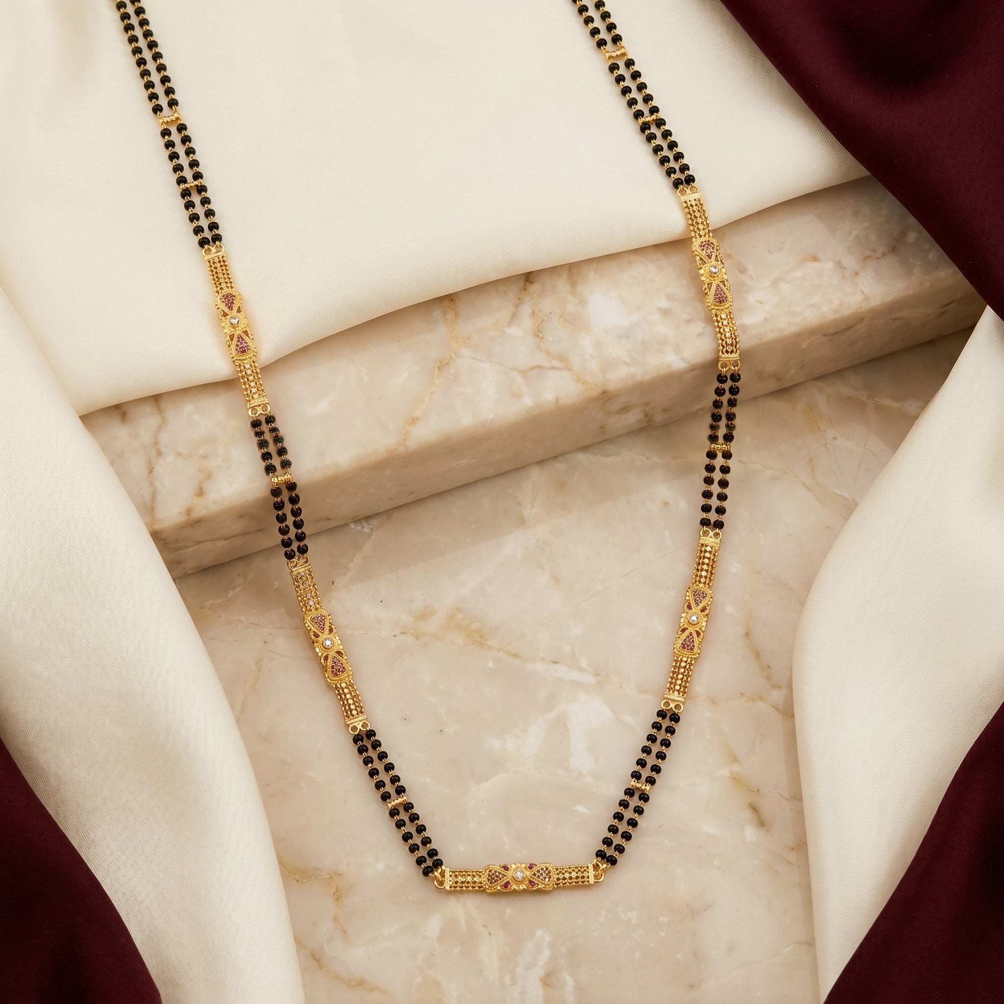 Gold Black Bead Ruby Bow CZ Panel Long Mangalsutra Set