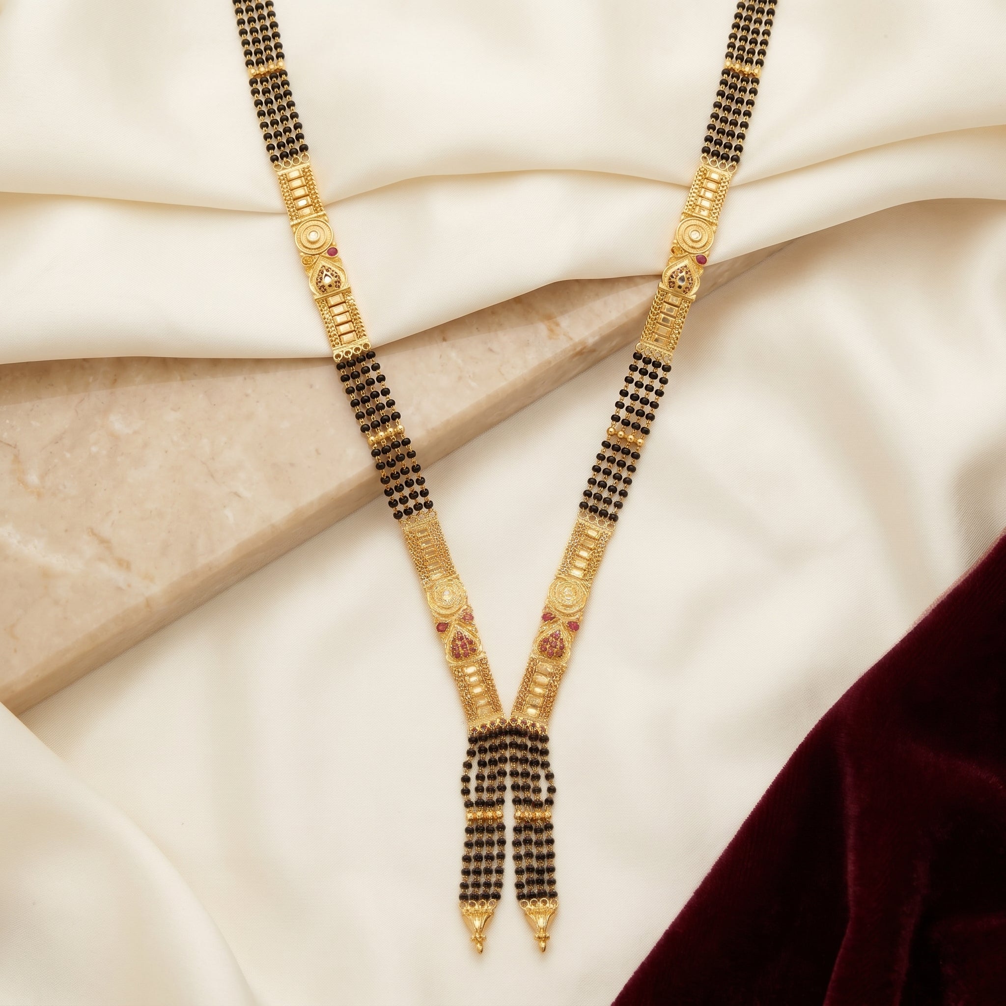 Gold Black Bead Ruby Y-Drop Open Tassel Long Mangalsutra Set