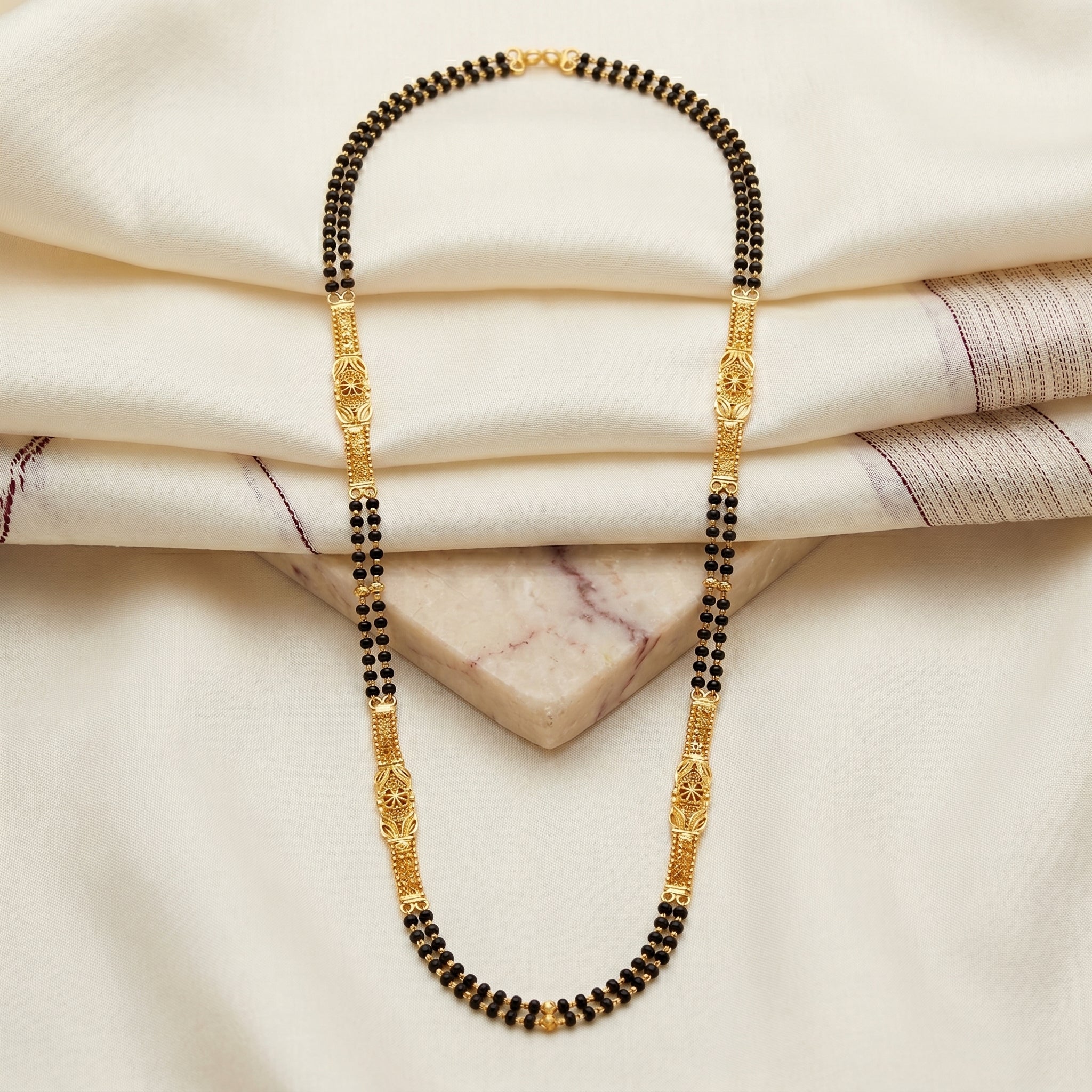 Gold Black Bead Filigree Star Panel Long Mangalsutra Set