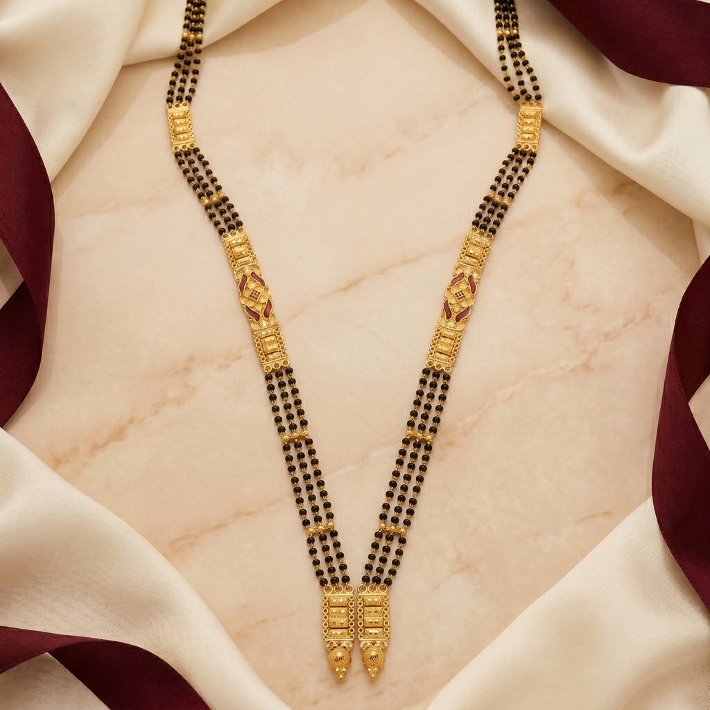 Gold Black Bead Ruby Enamel V-Drop Torpedo Finial Long Mangalsutra Set