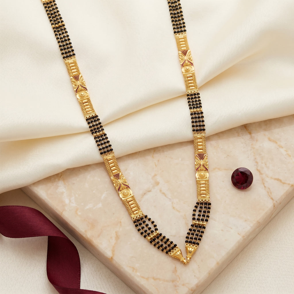 Gold Black Bead Enamel Long Mangalsutra Set