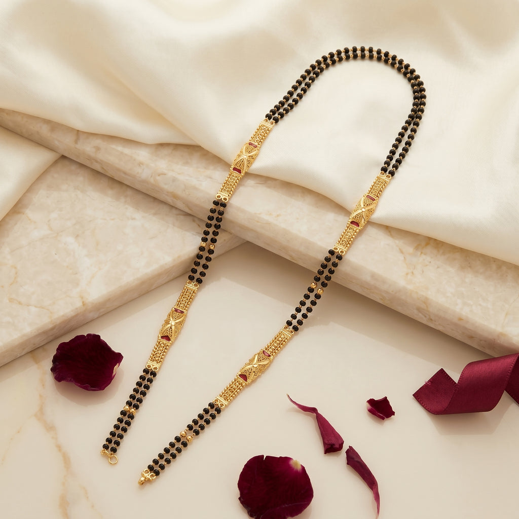 Gold Black Bead Ruby Enamel Long Mangalsutra Set