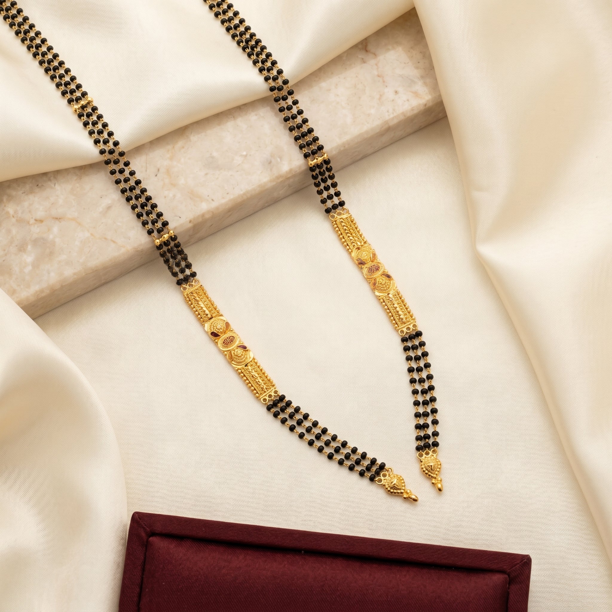 Gold Triple-Strand Black Bead Floral Finial Mangalsutra Set