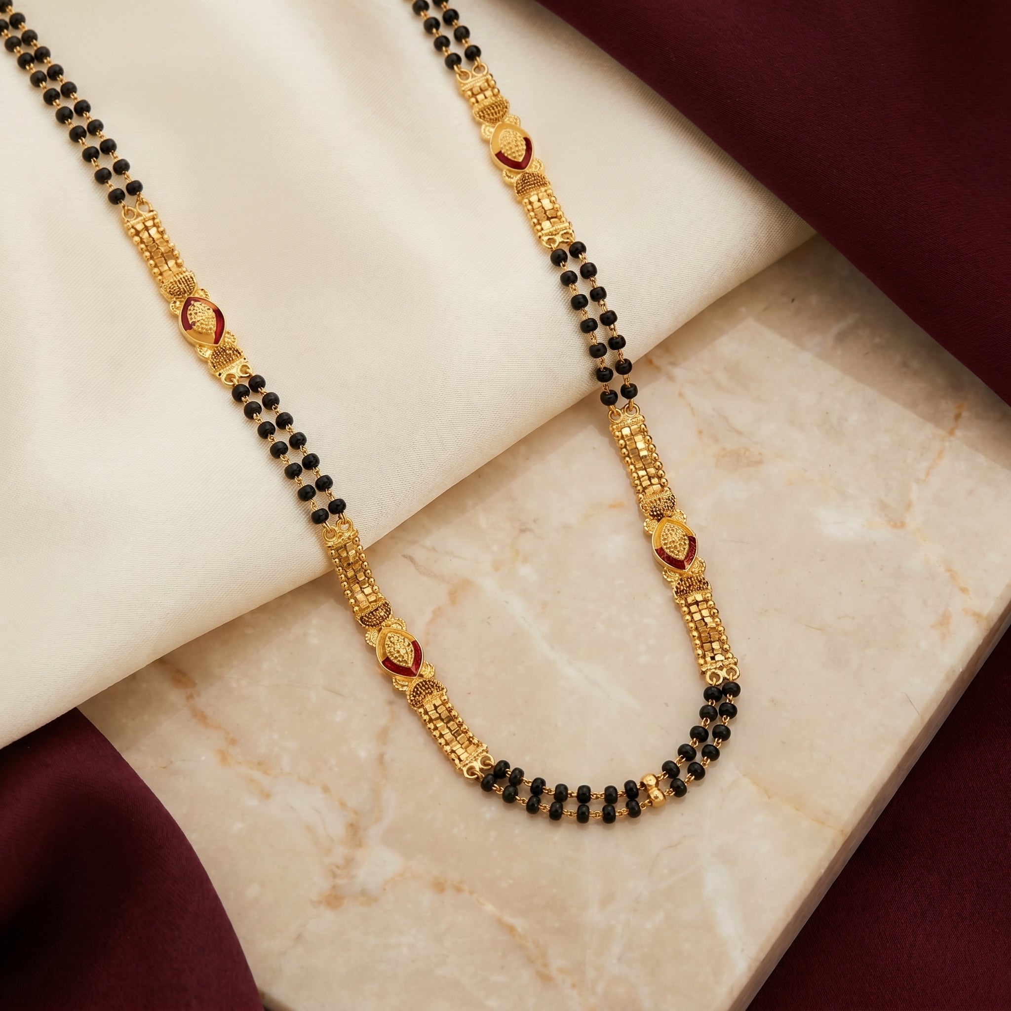 Gold Dual-Strand Black Bead Marquise Enamel Mangalsutra Set