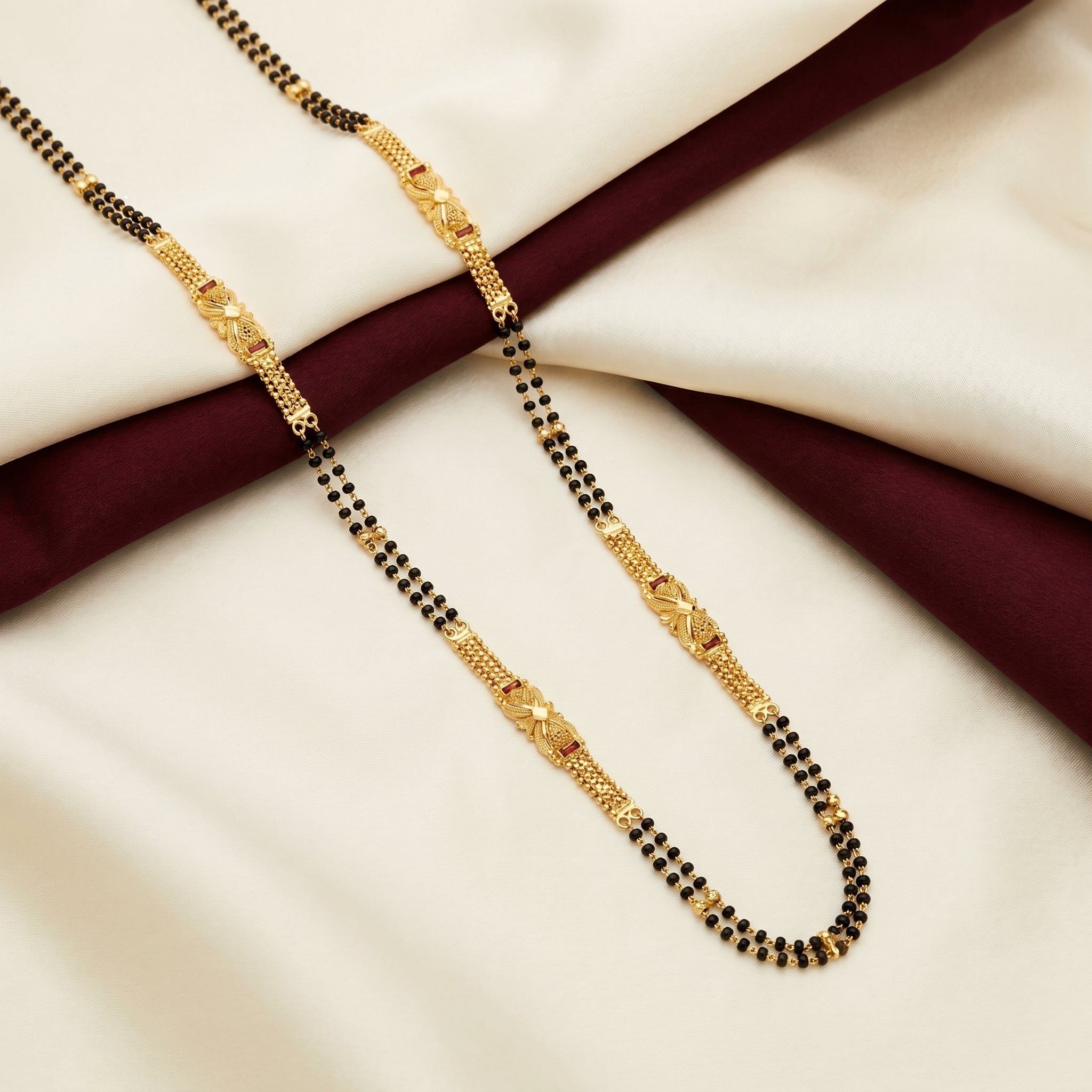 Gold Black Bead Granular Bow Plaque Mangalsutra Set