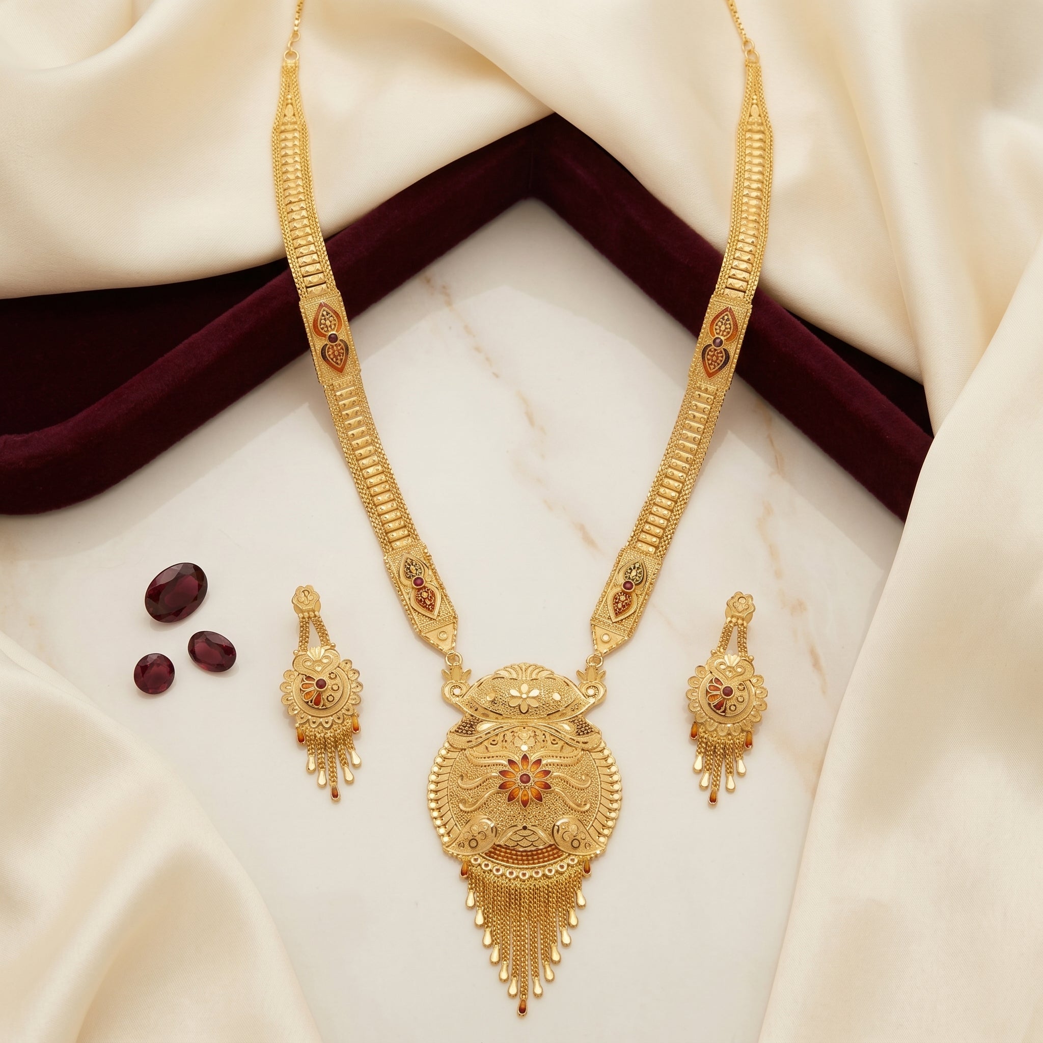 Gold Floral Scroll Tassel Necklace Set