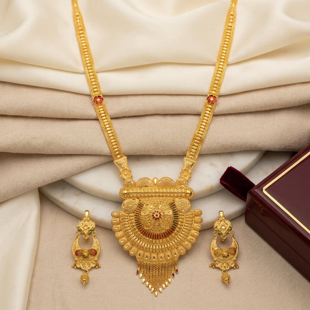 Gold Fluted Sunburst Tassel Necklace Set