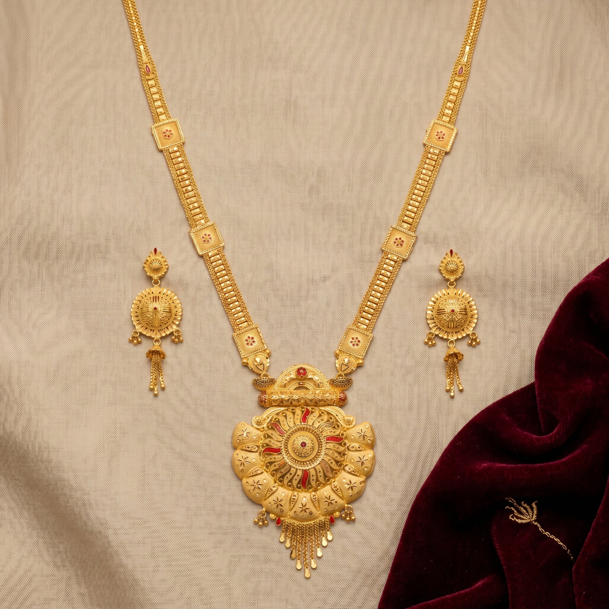 Gold Ruby Swirl Medallion Tassel Necklace Set