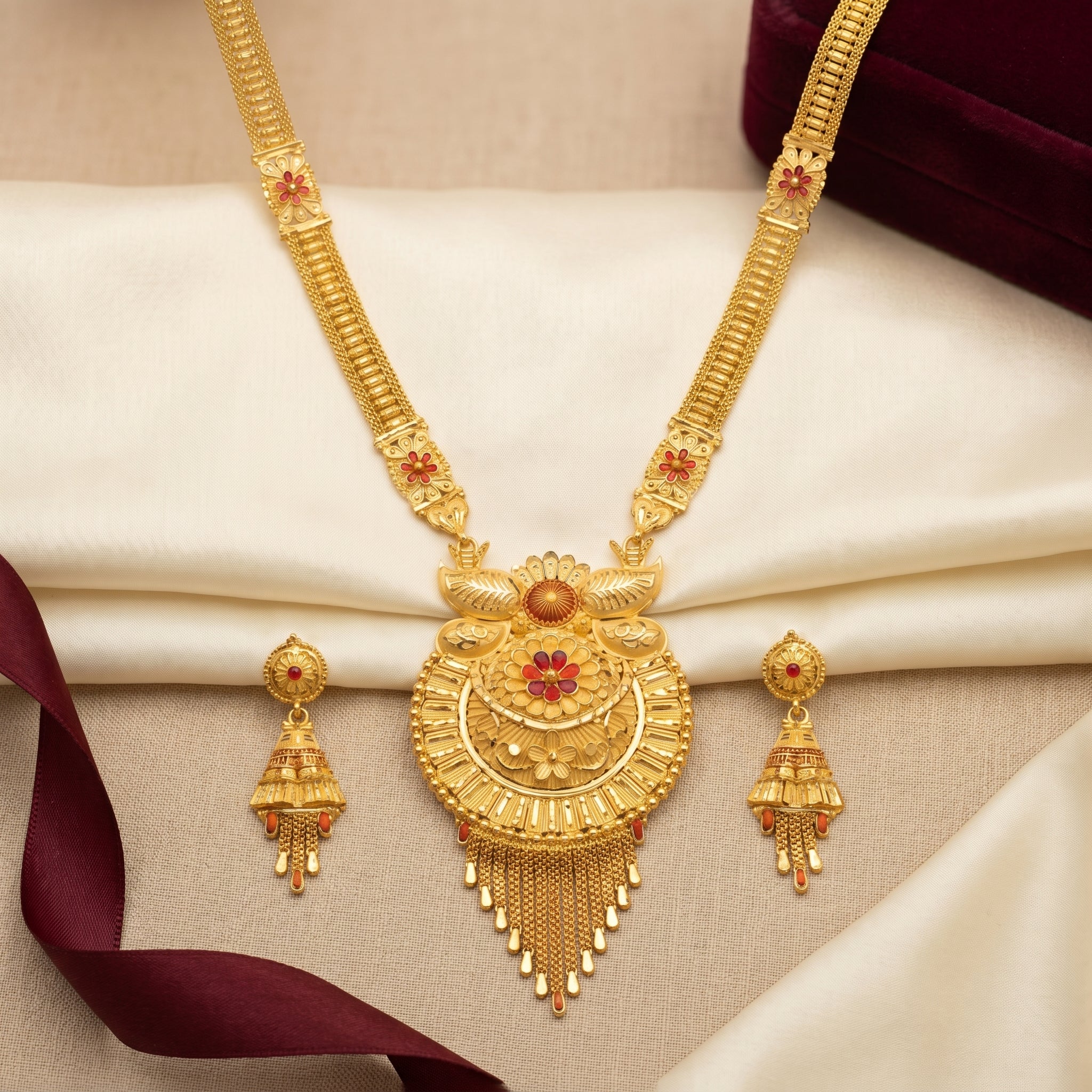 Gold Floral Sunburst Tassel Necklace Set