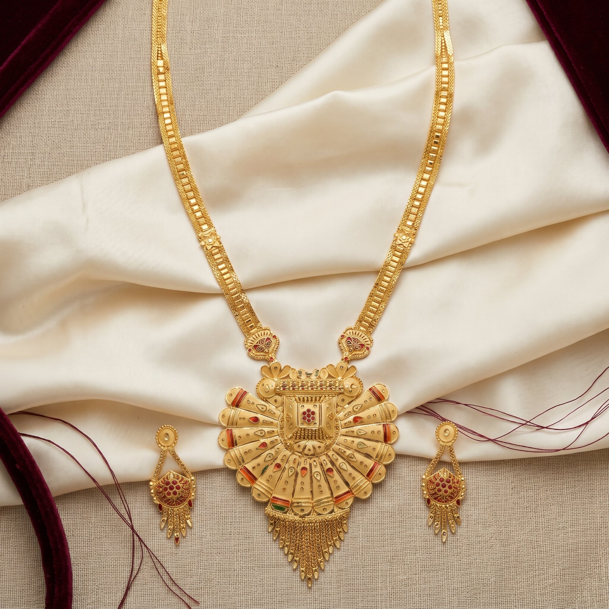 Gold Enamel Petal Fan Tassel Necklace Set