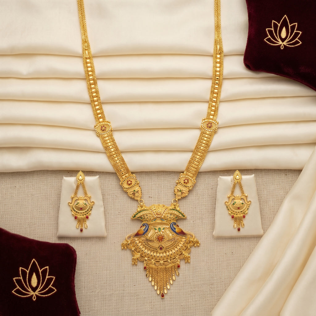 Gold Dual Peacock Enamel Medallion Necklace Set