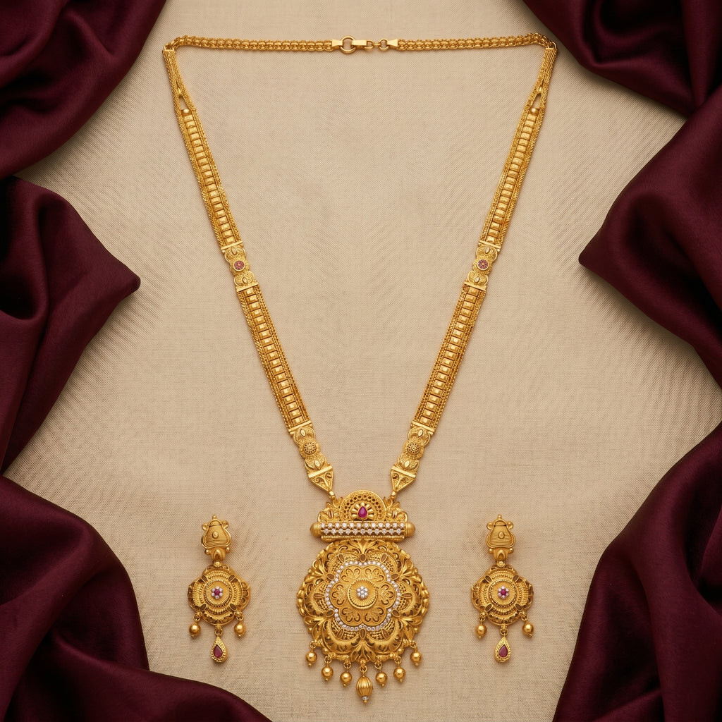 Gold Floral Filigree CZ Medallion Necklace Set