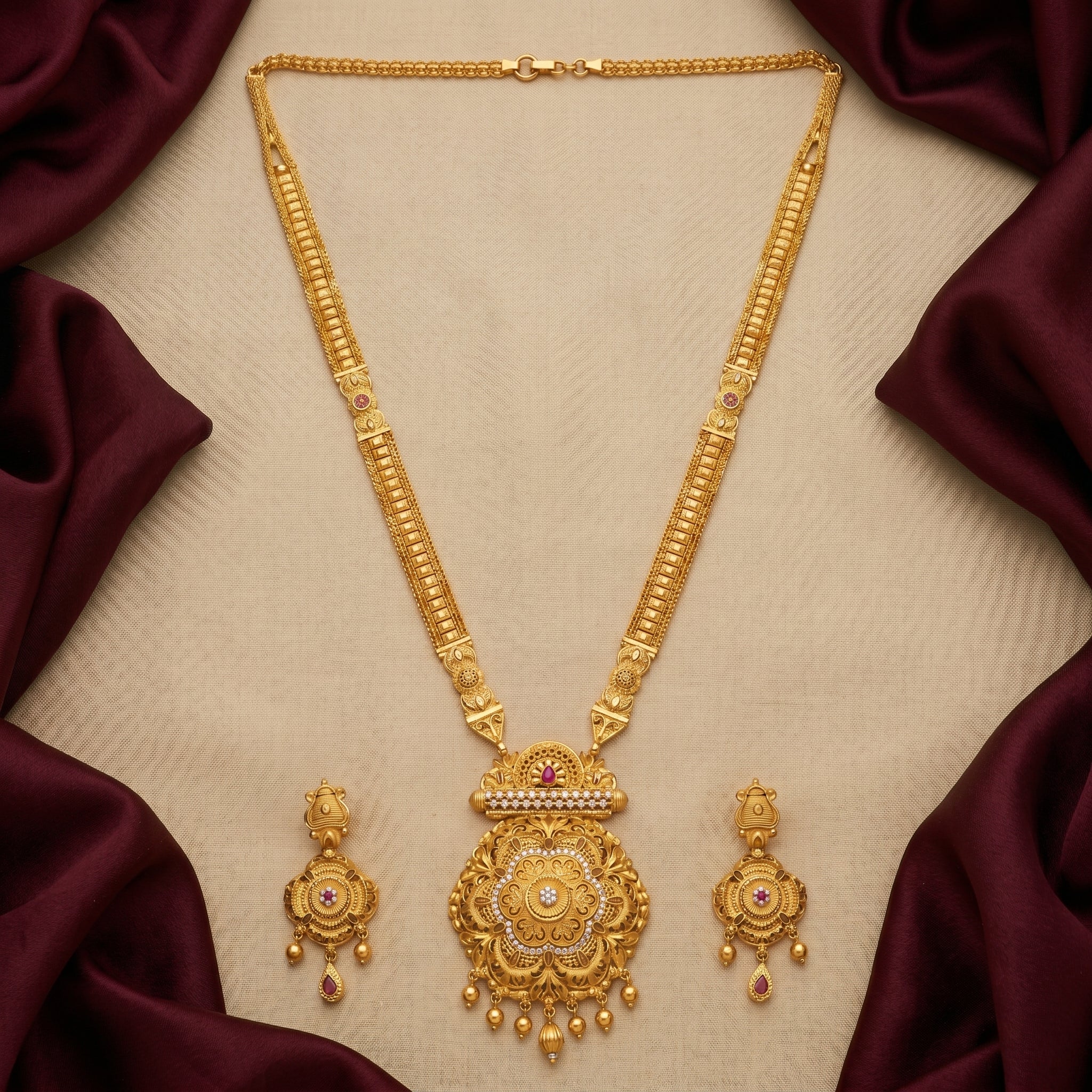 Gold Floral Filigree CZ Medallion Necklace Set