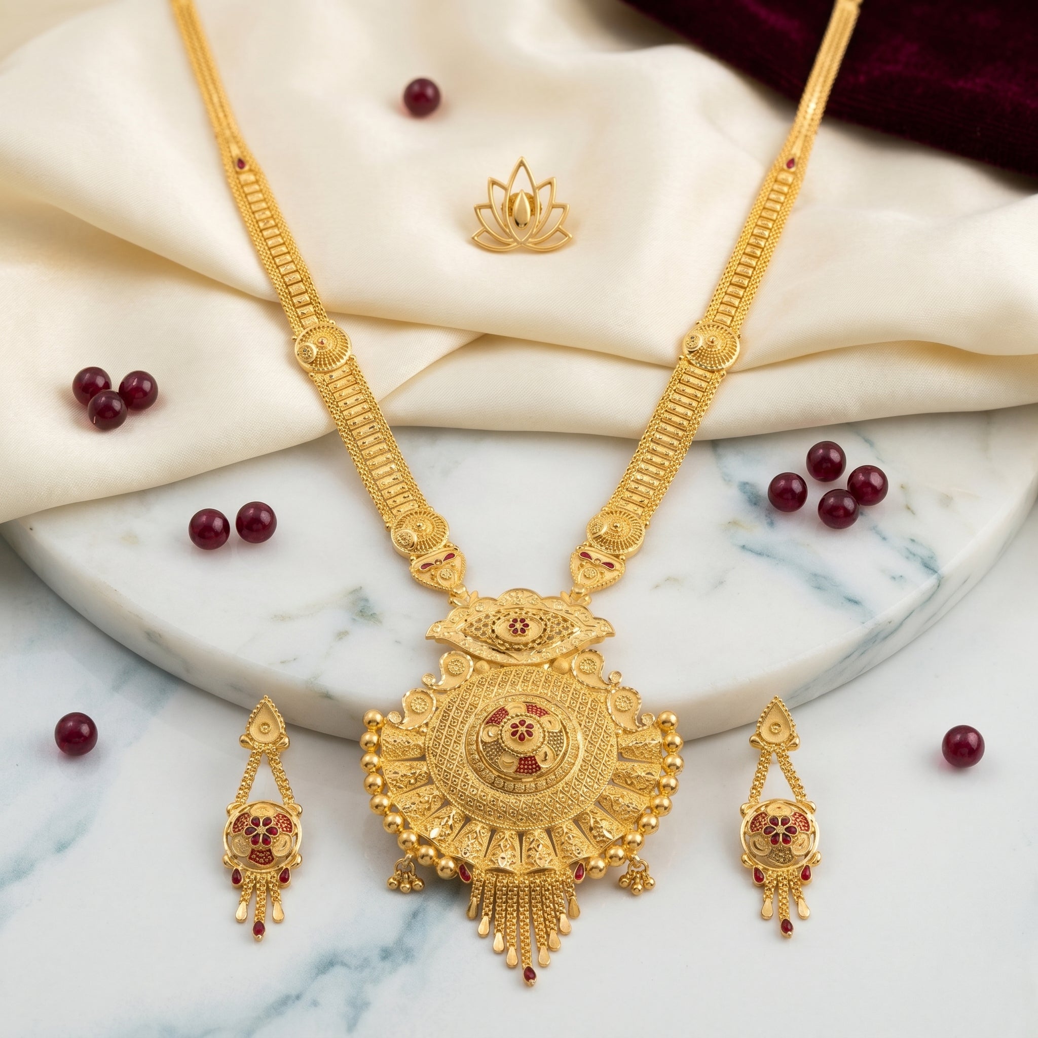 Gold Wheel Disc Tassel Necklace Set
