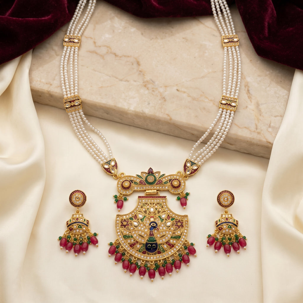 Kundan Meenakari Peacock Pendant Set