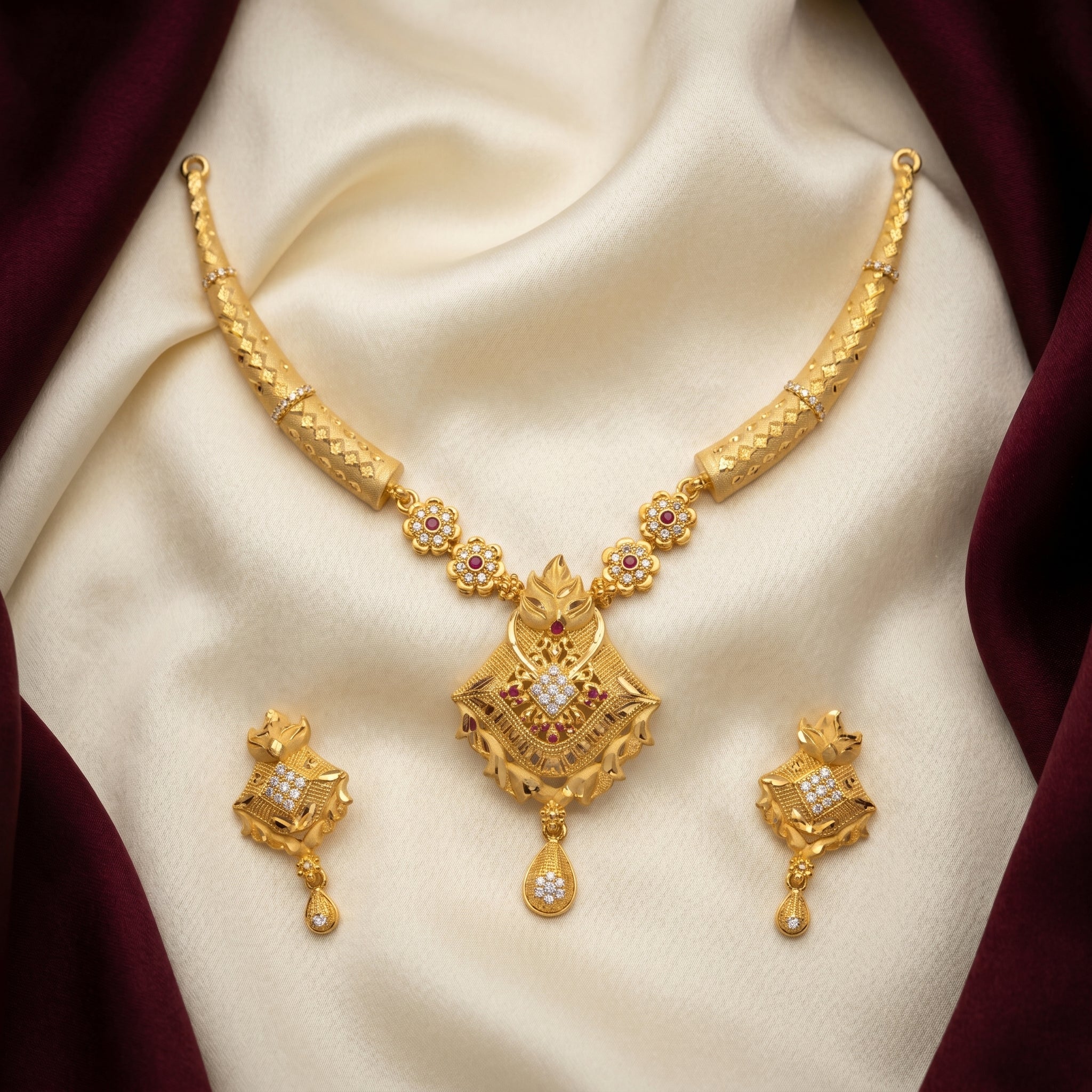 Gold Ruby CZ Diamond Kadas Pendant Necklace Set