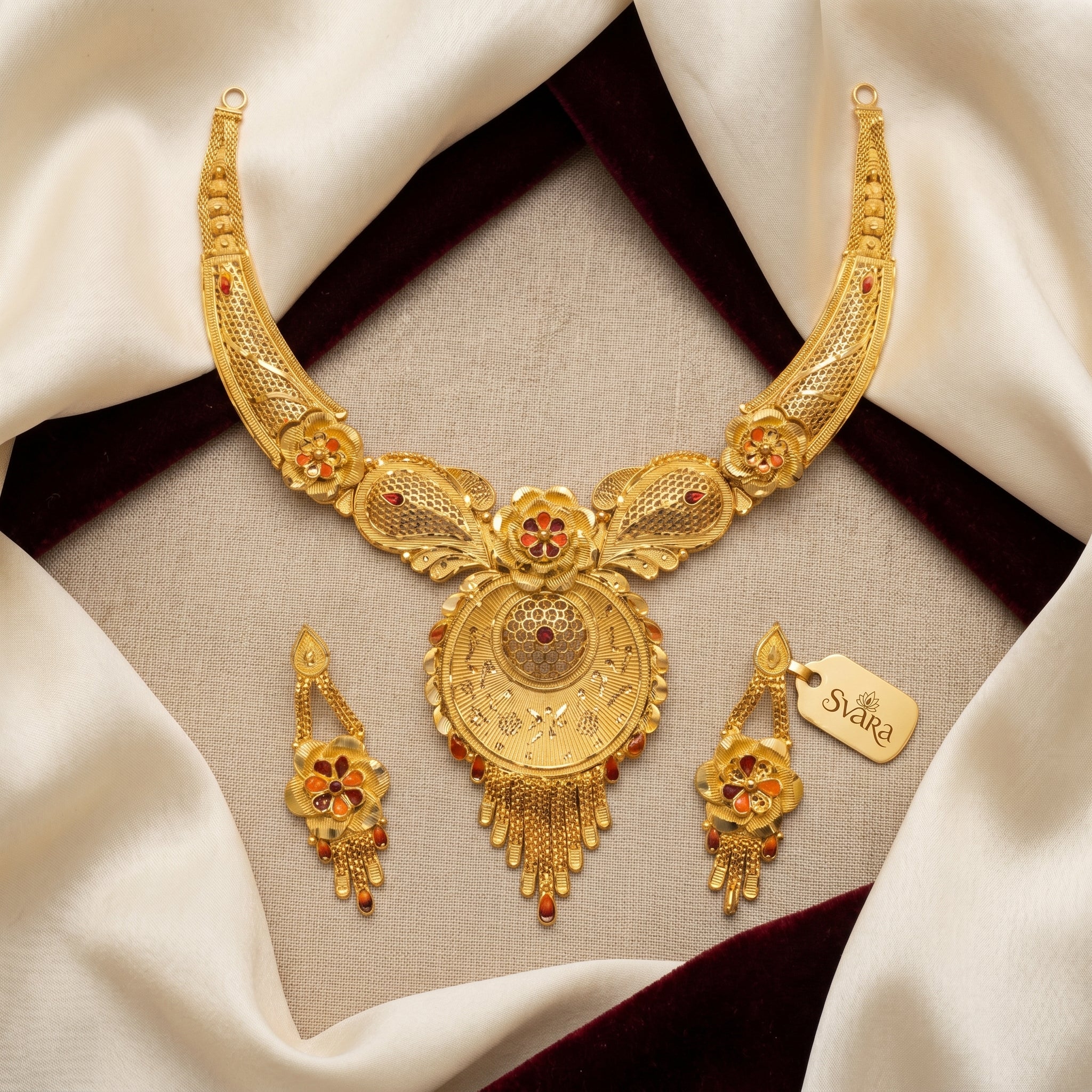 Gold Meenakari Floral Kadas Disc Tassel Necklace Set