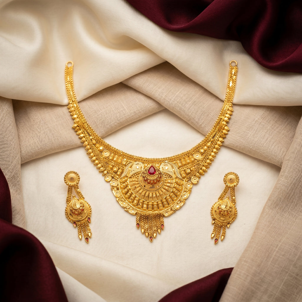 Gold Ruby Sunburst Collar Tassel Necklace Set