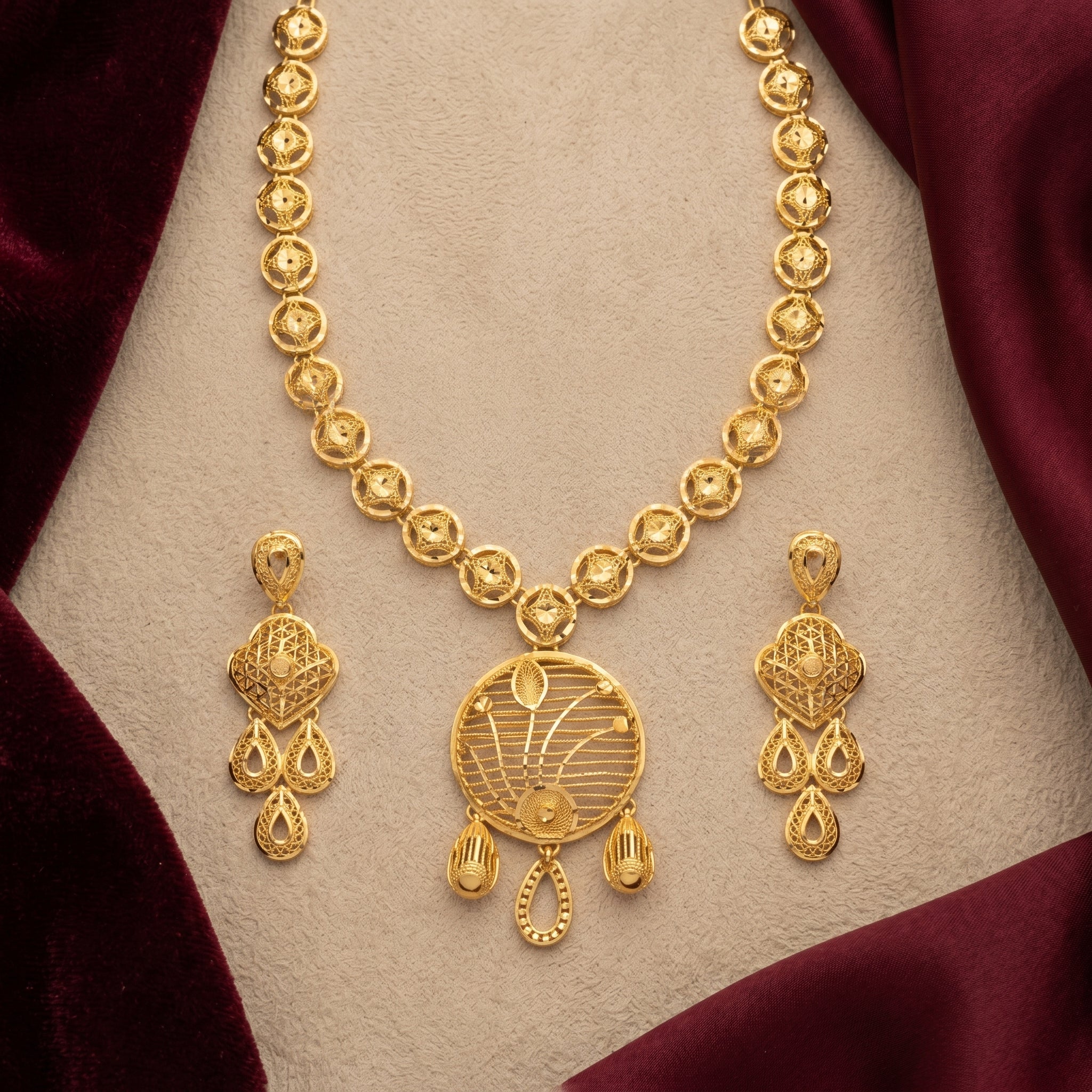 Gold Filigree Disc Coin Chain Long Necklace Set