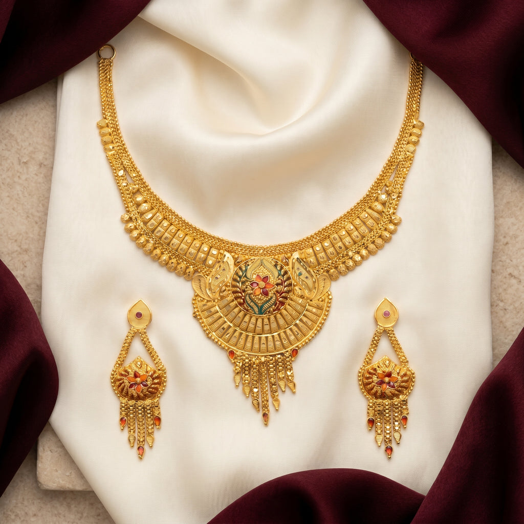 Gold Meenakari Peacock Sunburst Tassel Necklace Set