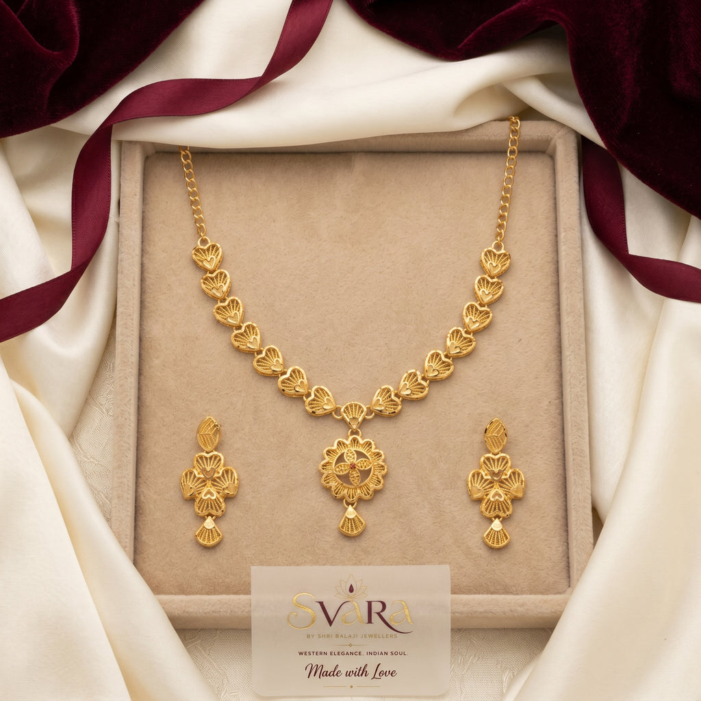 Gold Filigree Heart Petal Floral Necklace Set