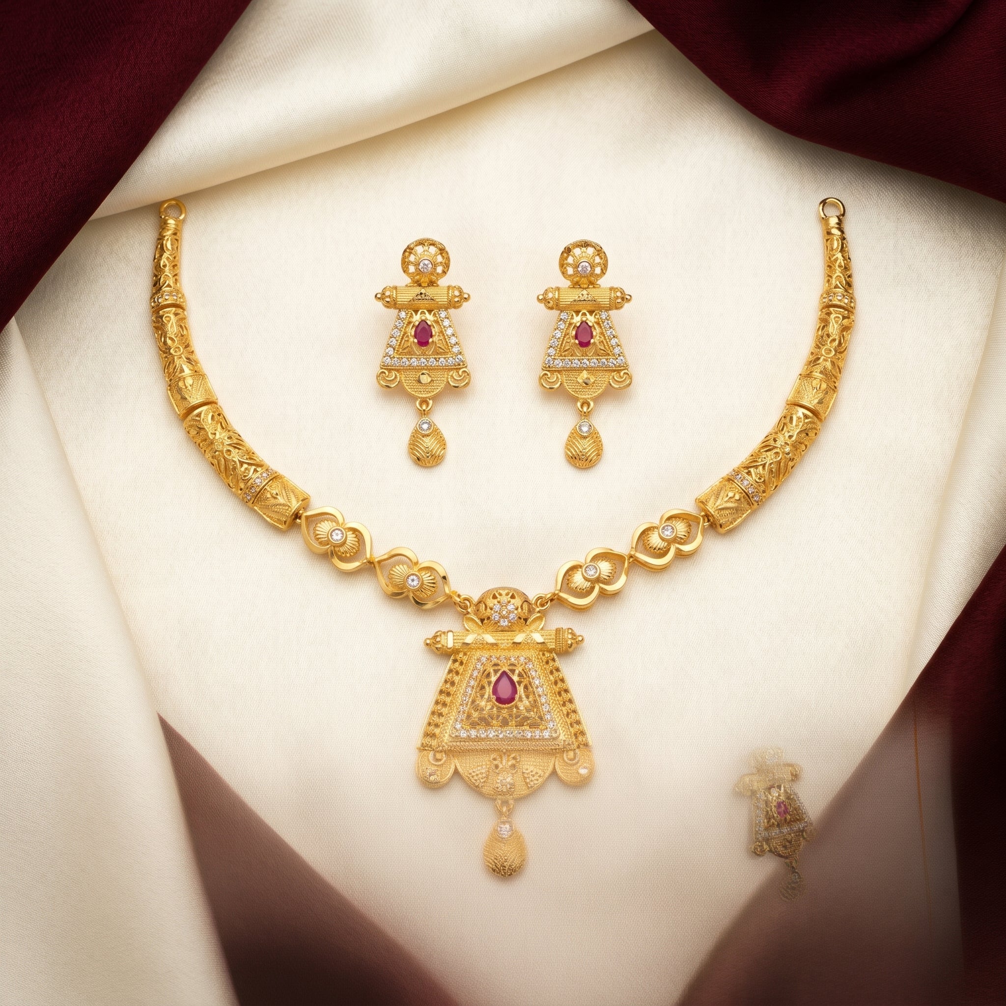 Gold Ruby CZ Filigree Temple Pendant Necklace Set