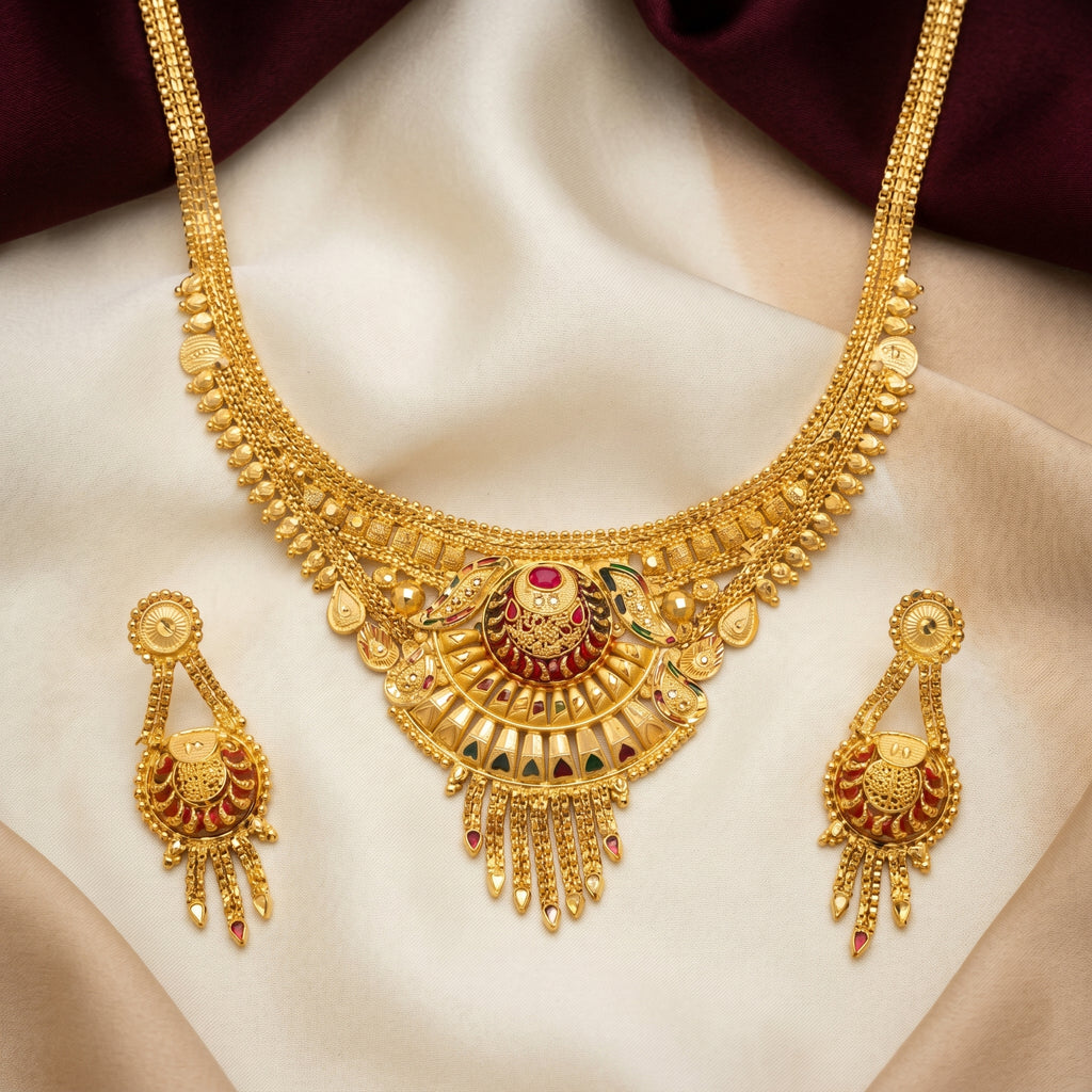 Gold Meenakari Peacock Fan Tassel Necklace Set