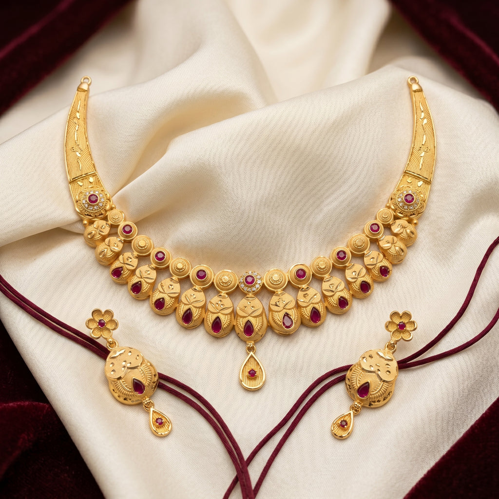Gold Ruby Floral Collar Necklace Set