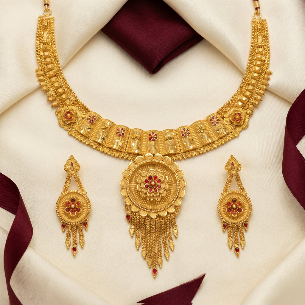 Gold Ruby Floral Disc Tassel Necklace Set