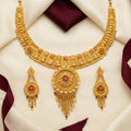 Gold Ruby Floral Disc Tassel Necklace Set