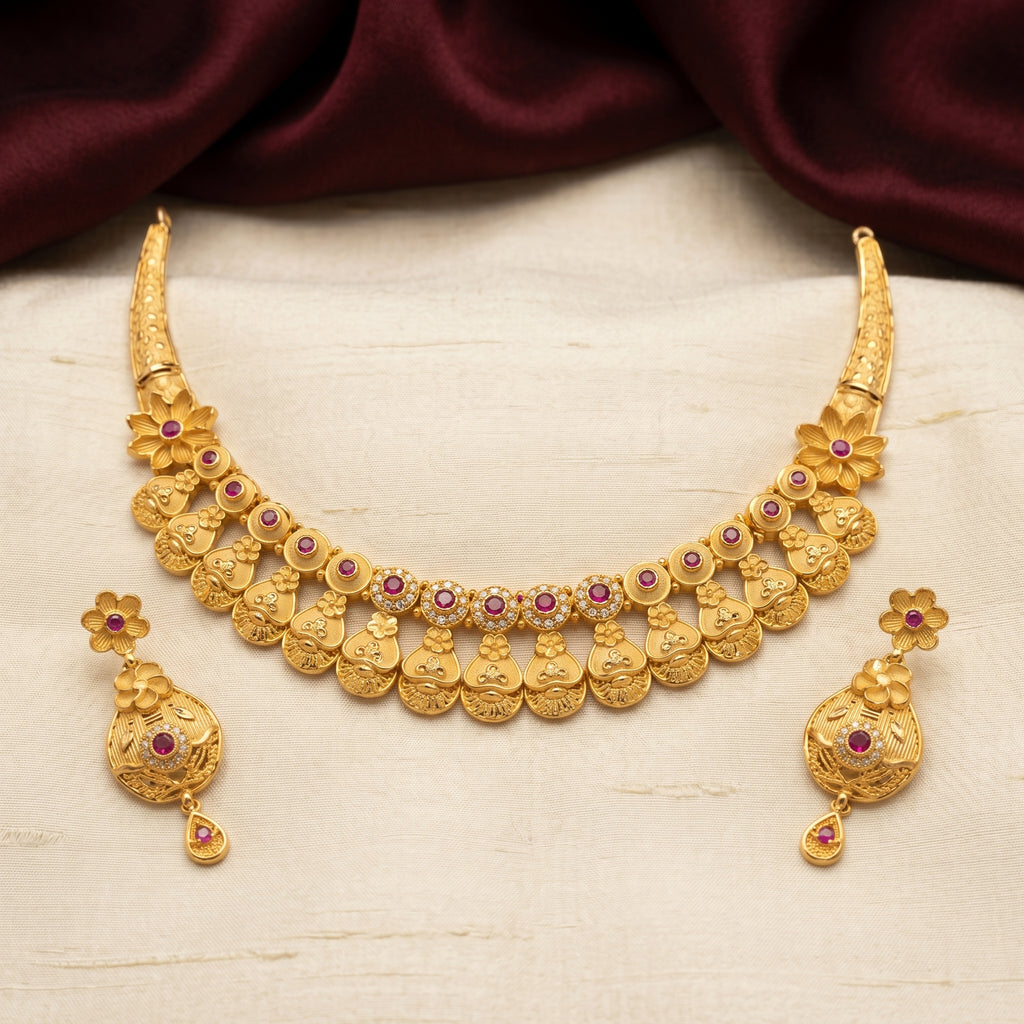 Gold Ruby Floral Kalash Collar Necklace Set