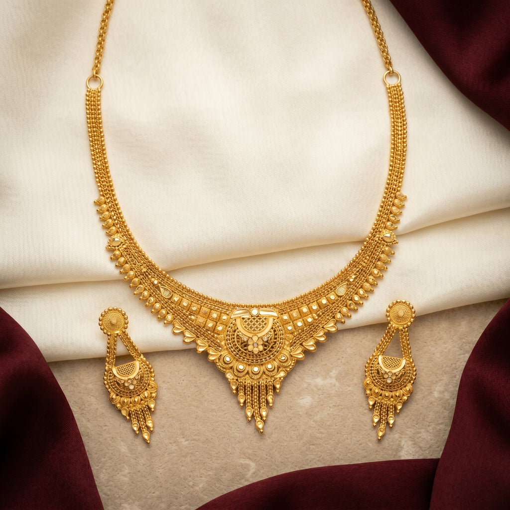 Gold Filigree Lotus Spike Tassel Necklace Set