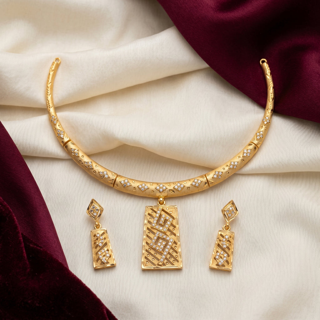 Gold CZ Geometric Lattice Hasli Necklace Set