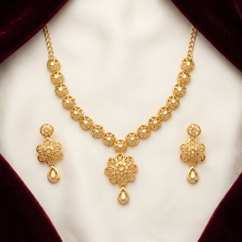 Gold Filigree Floral Chain Teardrop Necklace Set