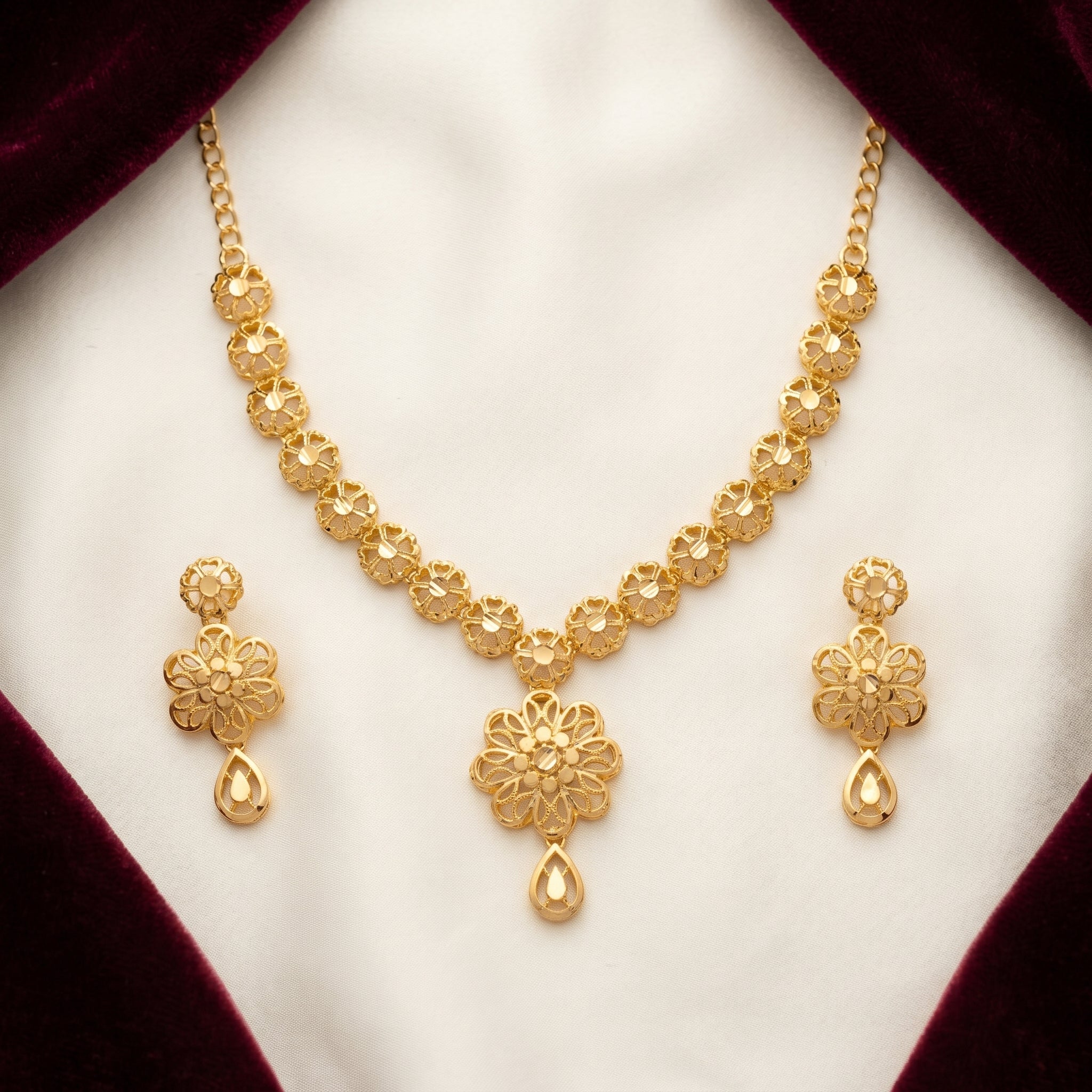 Gold Filigree Floral Chain Teardrop Necklace Set