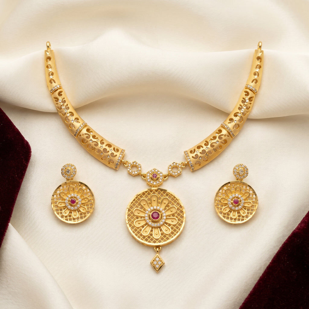 Gold Ruby CZ Filigree Scroll Hasli Disc Necklace Set