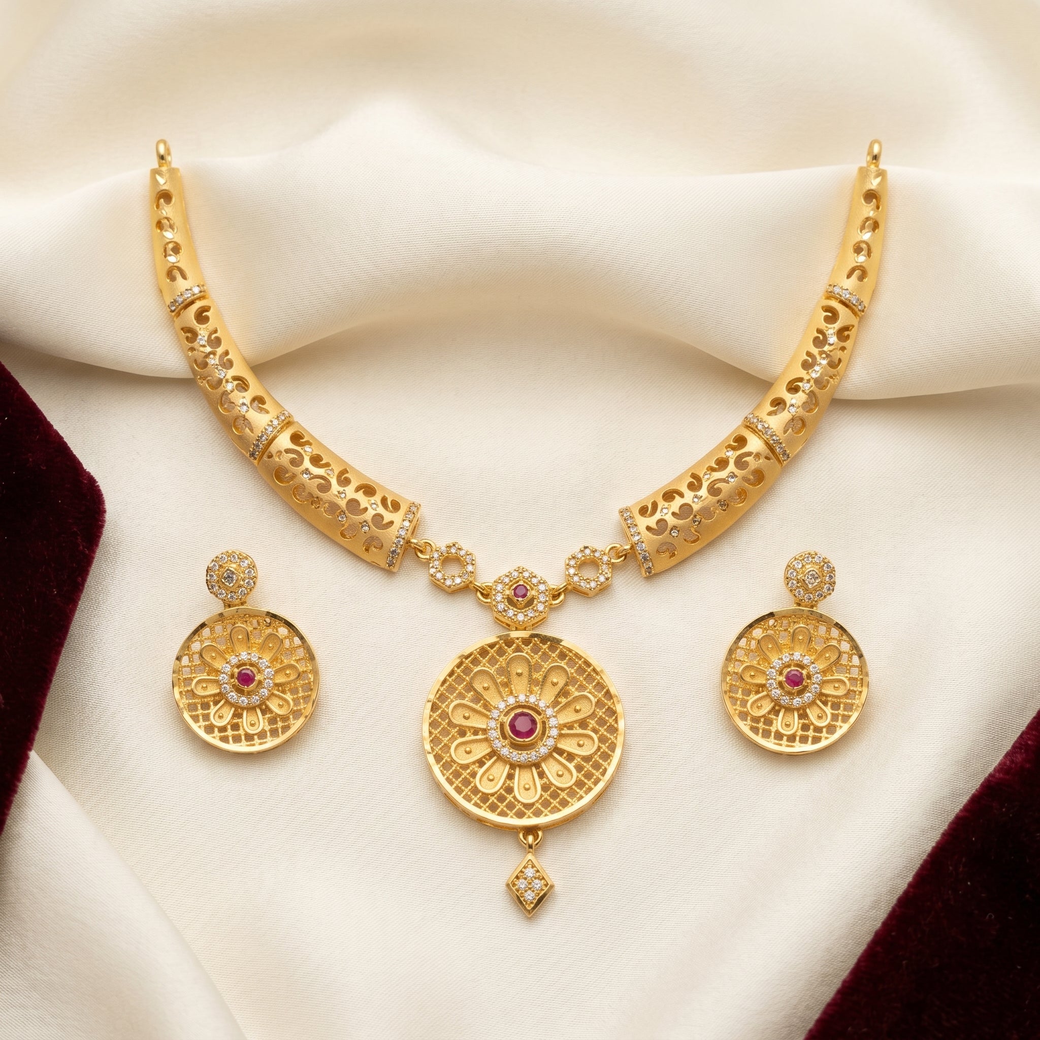Gold Ruby CZ Filigree Scroll Hasli Disc Necklace Set