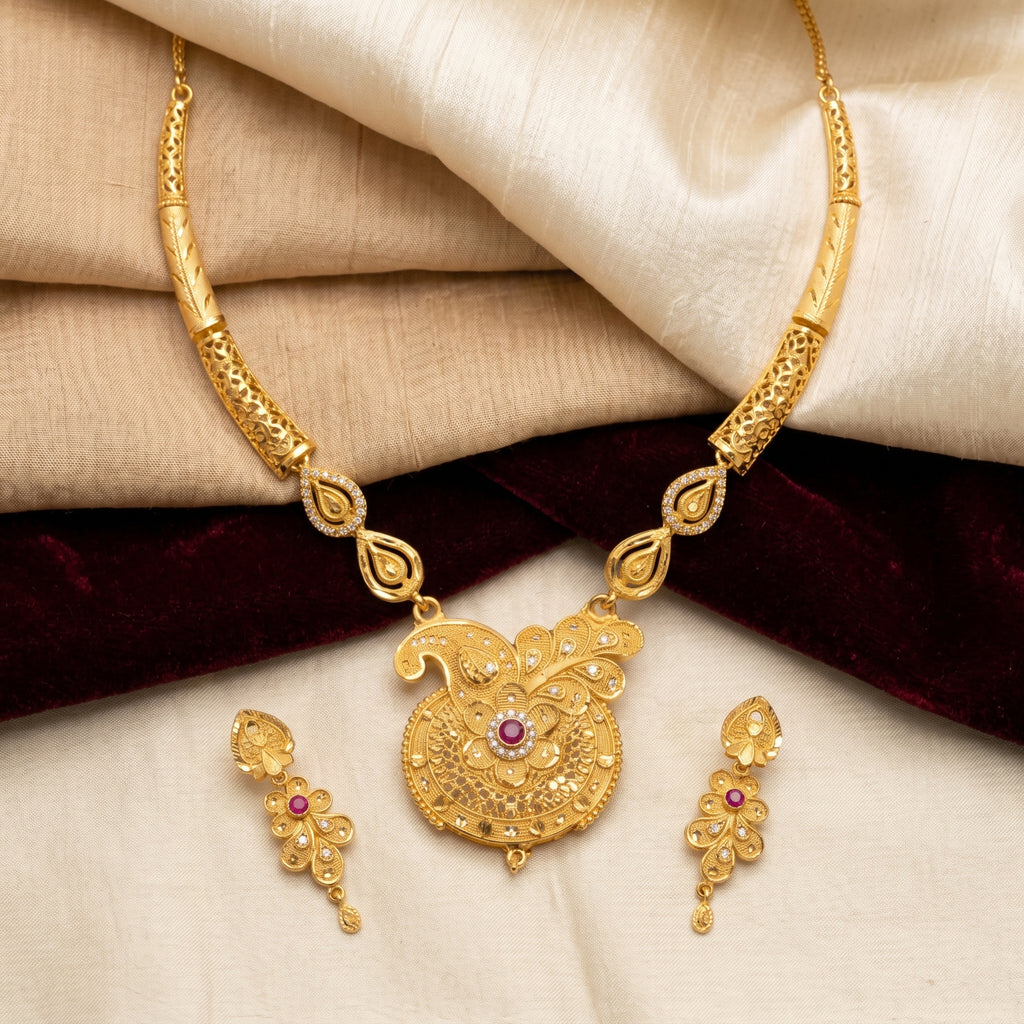 Gold Ruby CZ Peacock Filigree Disc Necklace Set