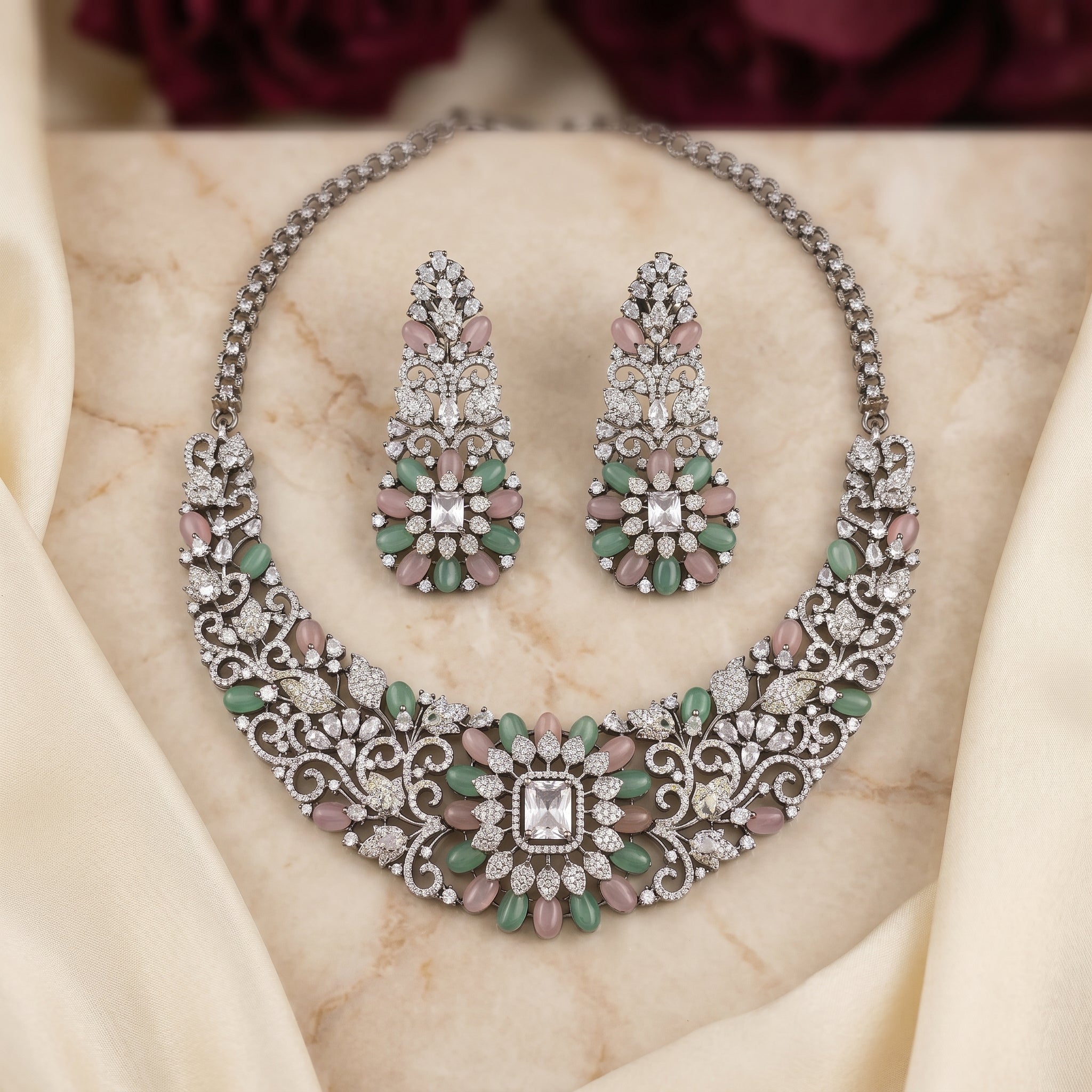 Victorian Oxidized Silver Floral Bib Necklace Set