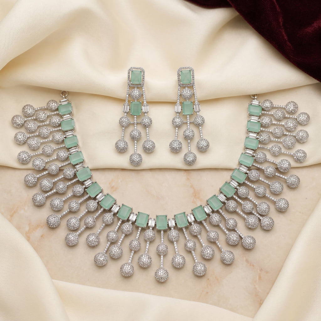 Mint Baguette Waterfall Fringe Necklace Set