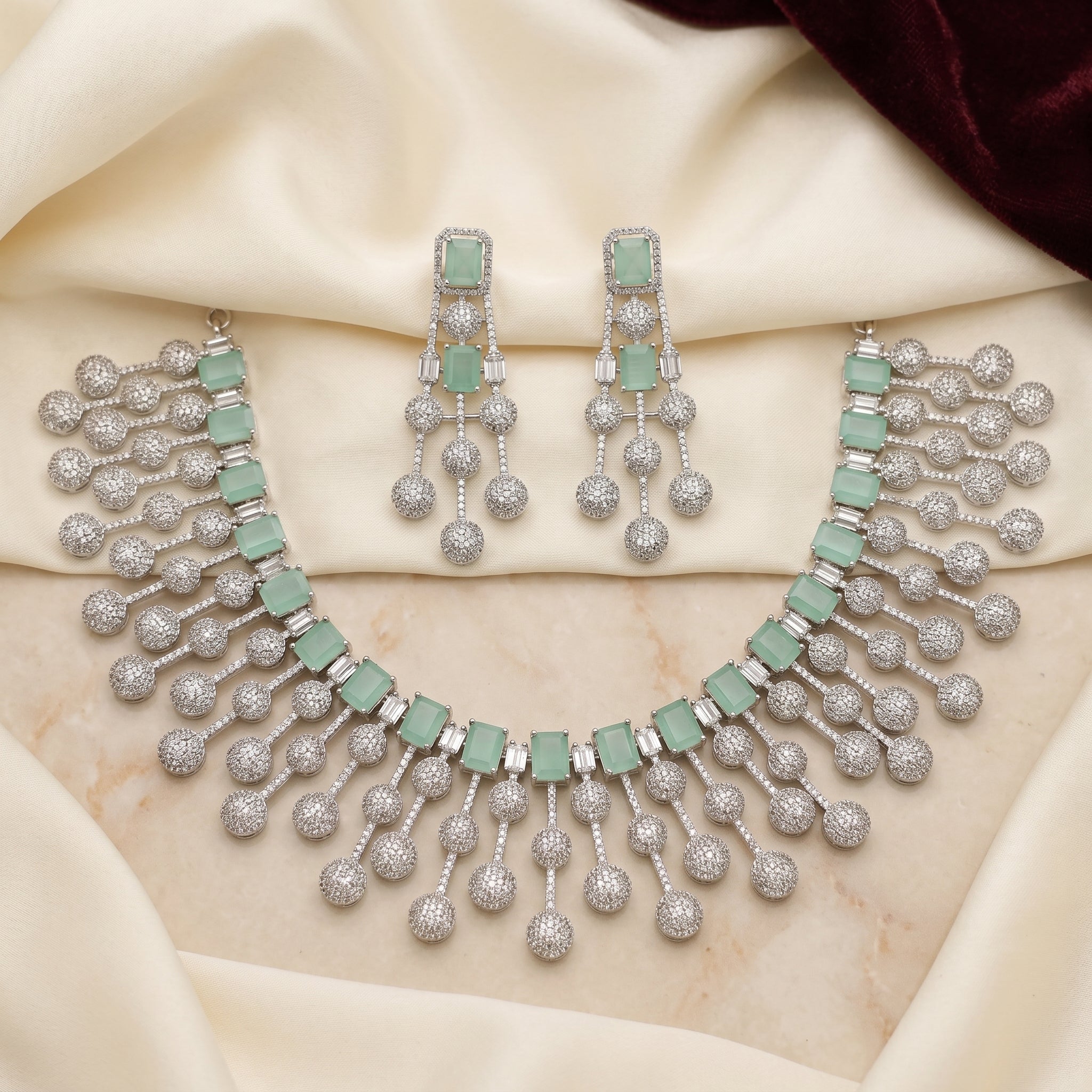 Mint Baguette Waterfall Fringe Necklace Set