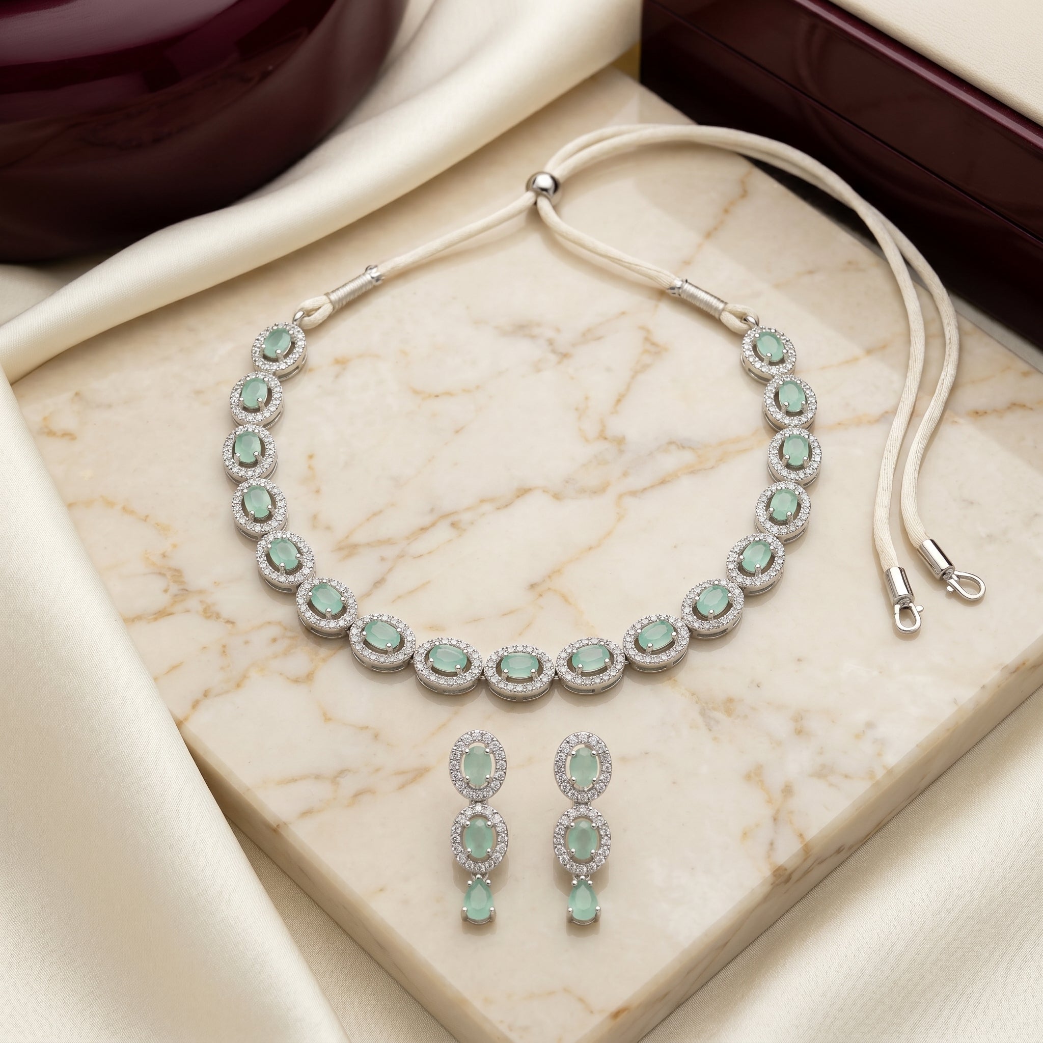 Mint Halo Oval Tennis Necklace Set