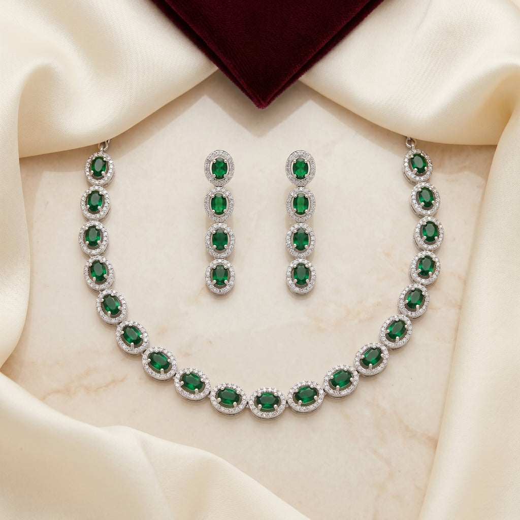 Emerald Halo Oval Tennis Necklace Set