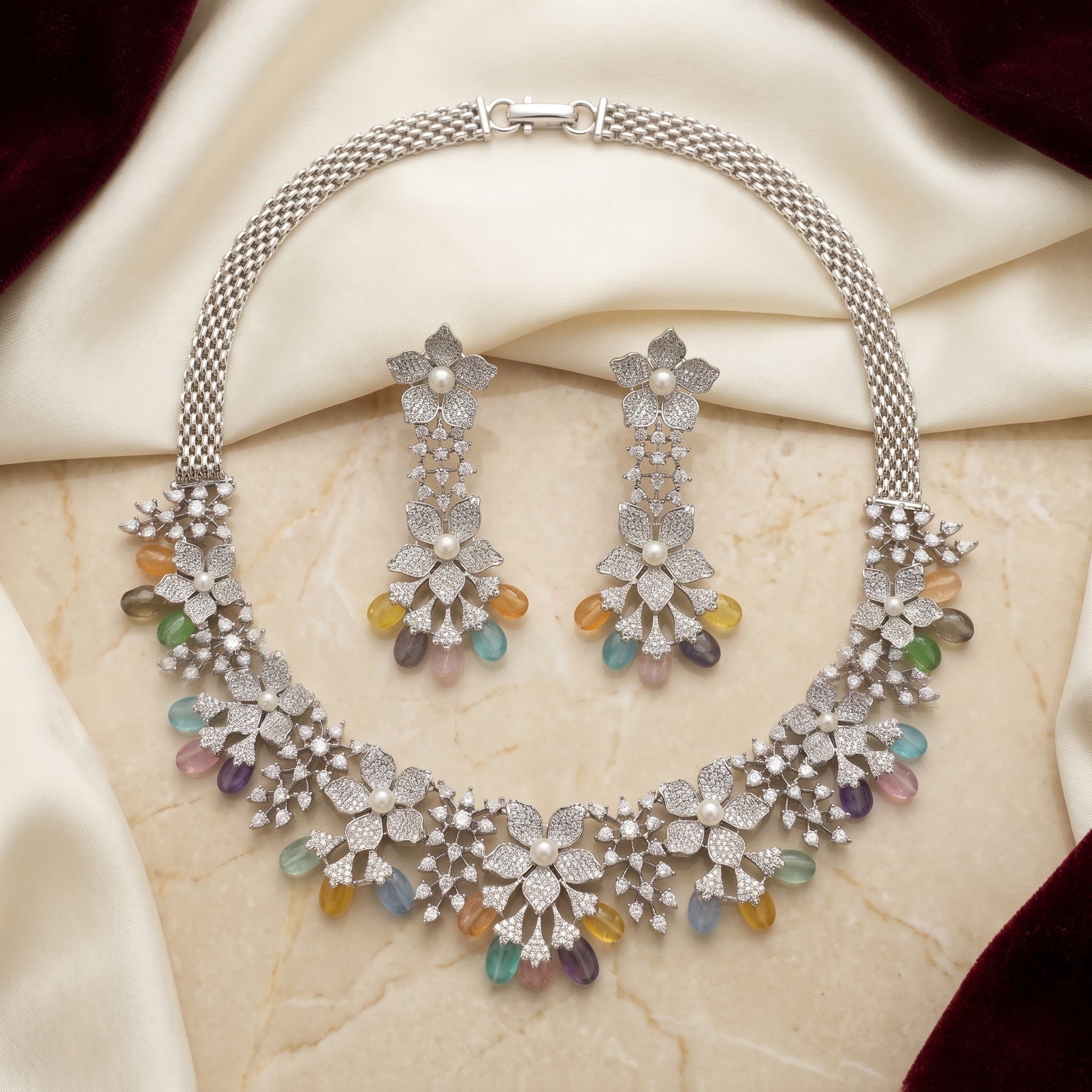 Multicolor Gemstone Floral Cascade Necklace Set
